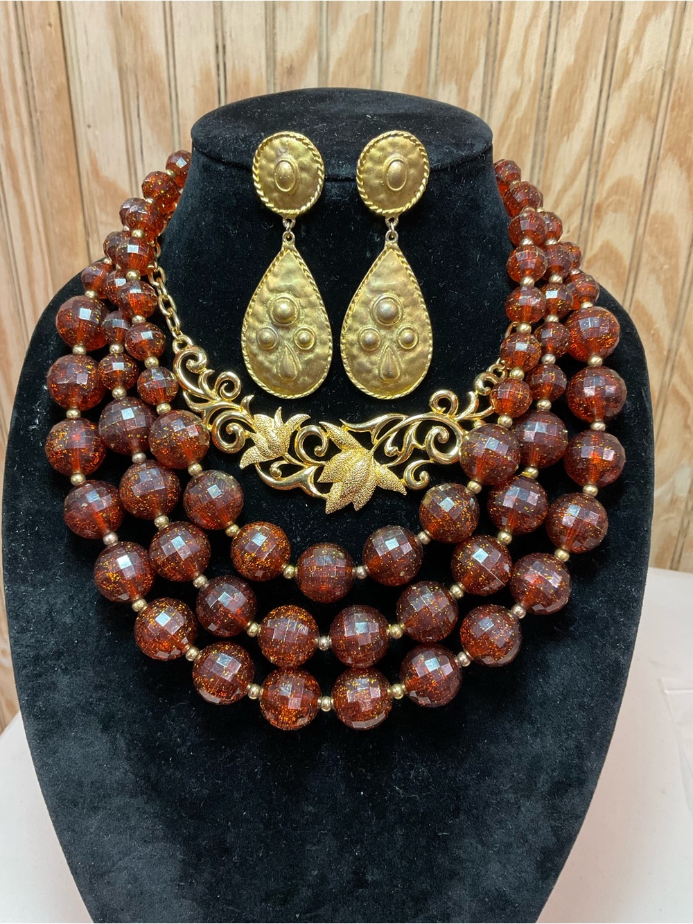 Gold-Tone Amber Multi-Strand Beaded Necklace with Drop Earrings